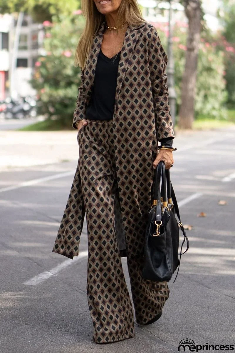 Elegant Geometric Print Sequins Printing Cardigan Collar Long Sleeve Two Pieces