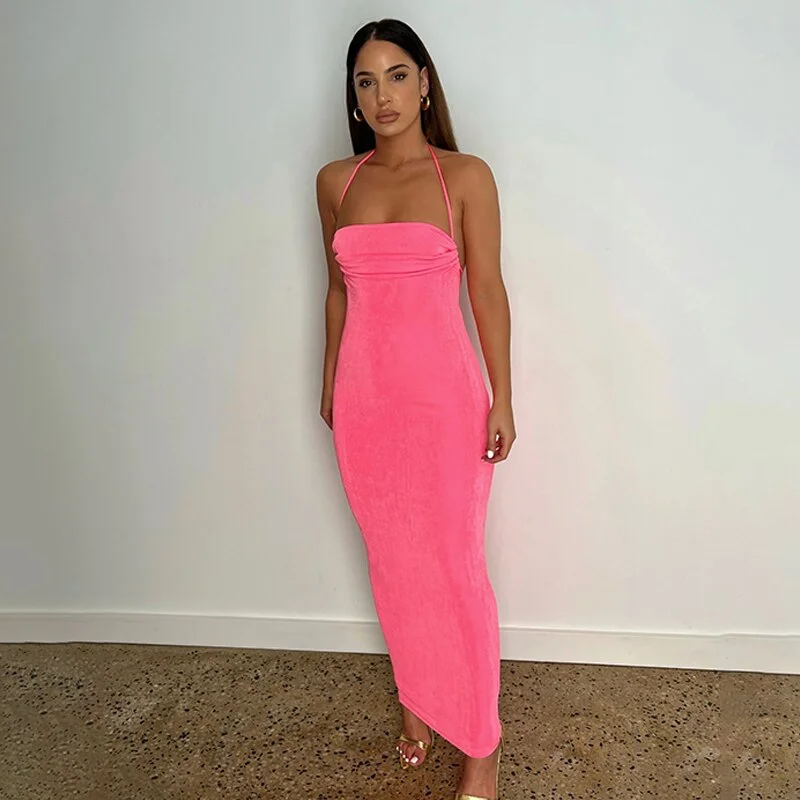 Hugcitar Swing Collar Backless Sleeveless Drawstrings Hollow Out Slit Sexy Maxi Prom Dress 2022 Summer Women Party Y2K Robe