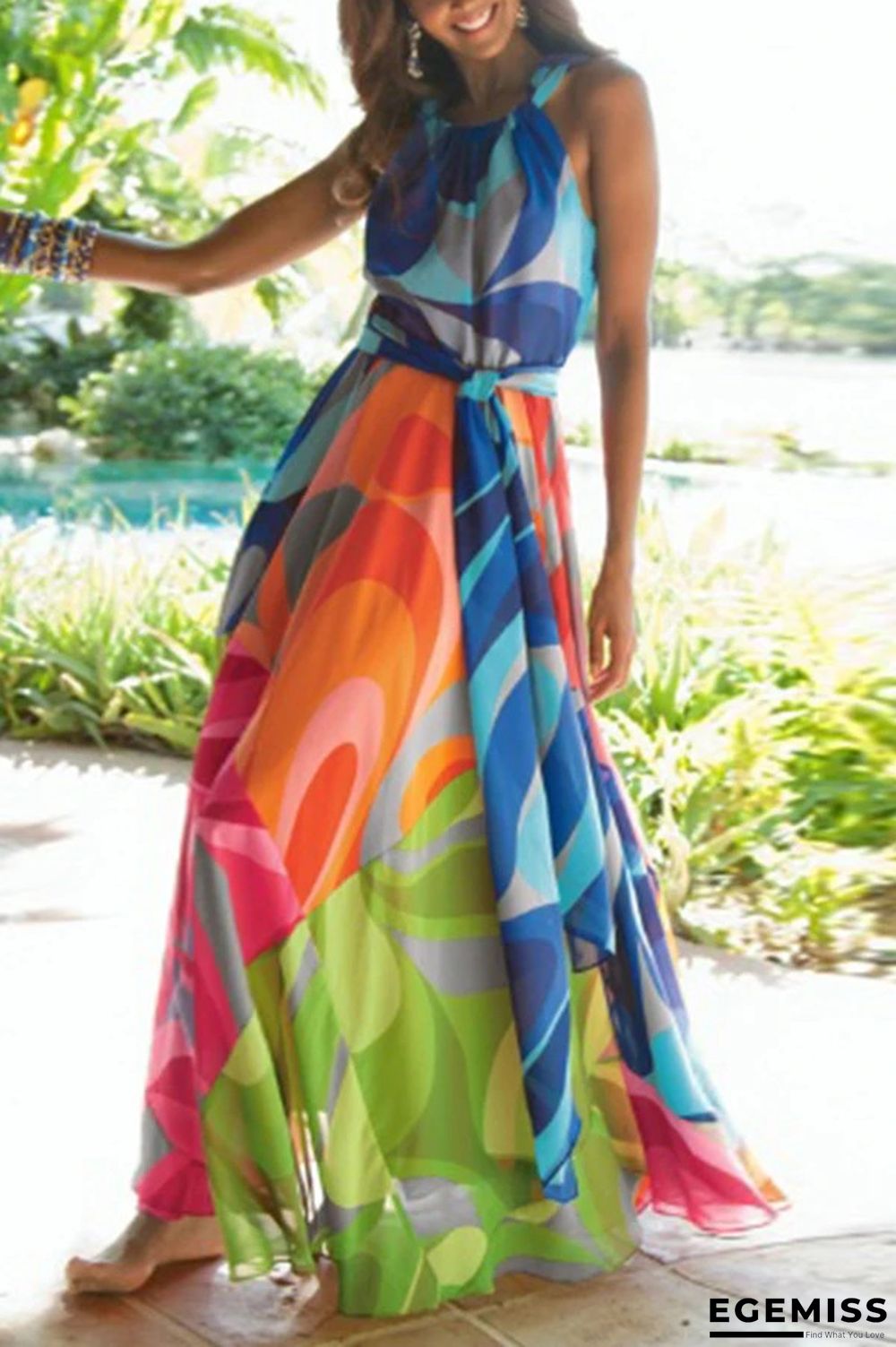 Bohemian Sleeveless Digital Printed Dress with Neck | EGEMISS