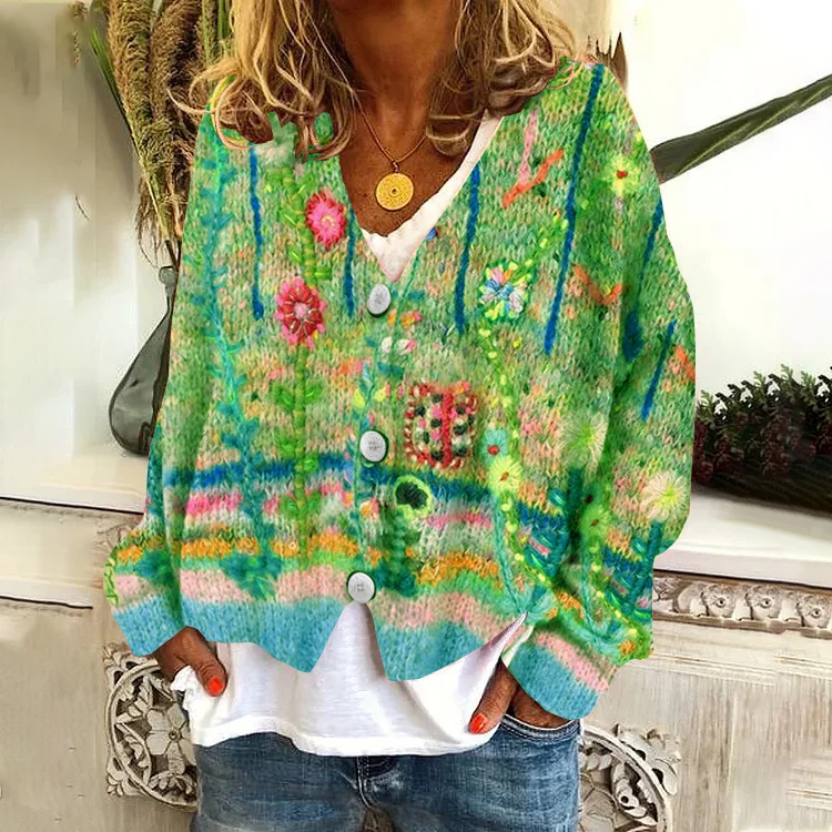 Vintage Floral Print V-Neck Long Sleeved Knitted Cardigan