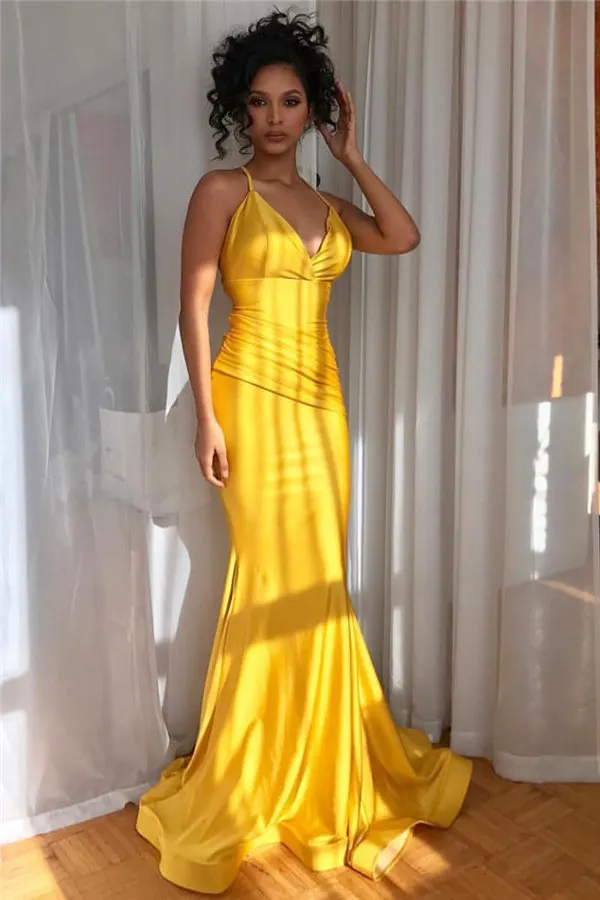 Sexy Spaghetti Straps Mermaid Long Soft Satin Graduation Prom Dresses main image 1