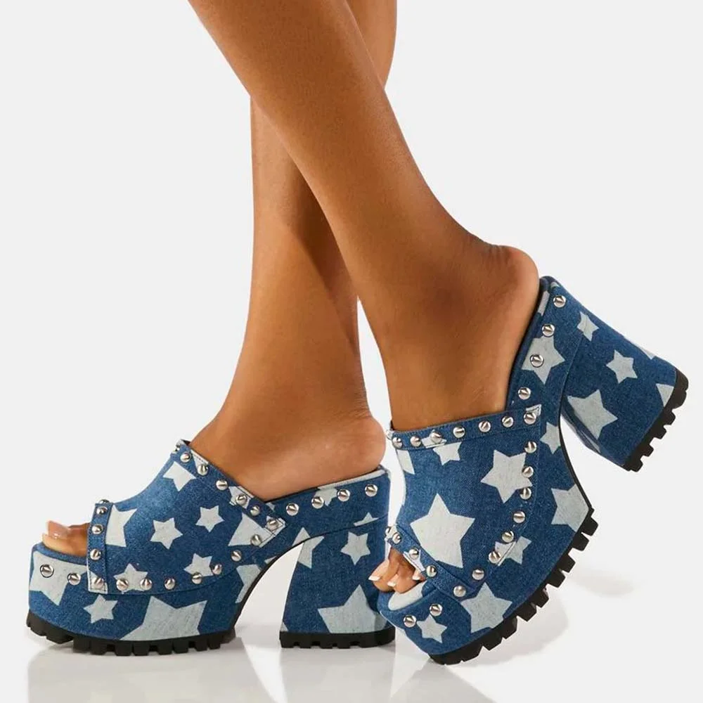 Pentagram Blue Platform Mules Chunky Heel Open Toe Sandals
