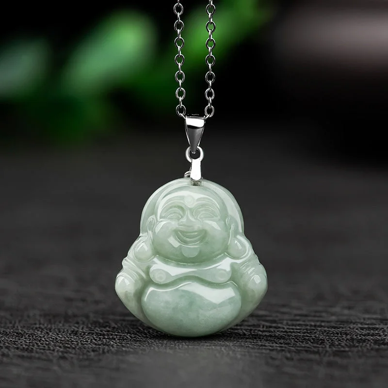 925 Sterling Silver Laughing Buddha Jade Blessing Necklace Chain Pendant