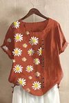 Plus Size Linen Daisy Print Short Sleeve Blouses (Without Necklace)