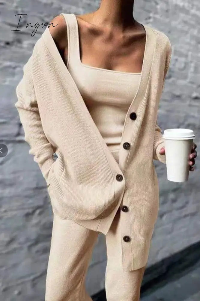 Ingvn - Casual Solid Patchwork Buckle Three Pieces(4 Colors) Khaki / S Two Pieces/Two-Piece Pants