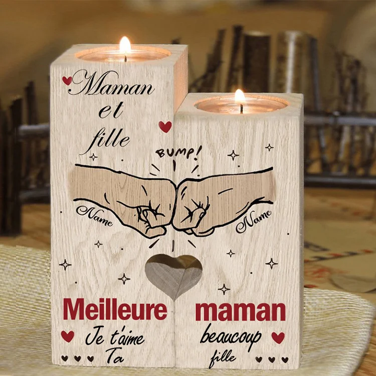 Personalized Name Mom and Daughter Wooden Candlestick - Heart Candle Holder Gifts for Mother