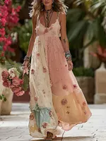 Women's Bohemian Rose Floral Pattern Casual Vacation Long Dress
