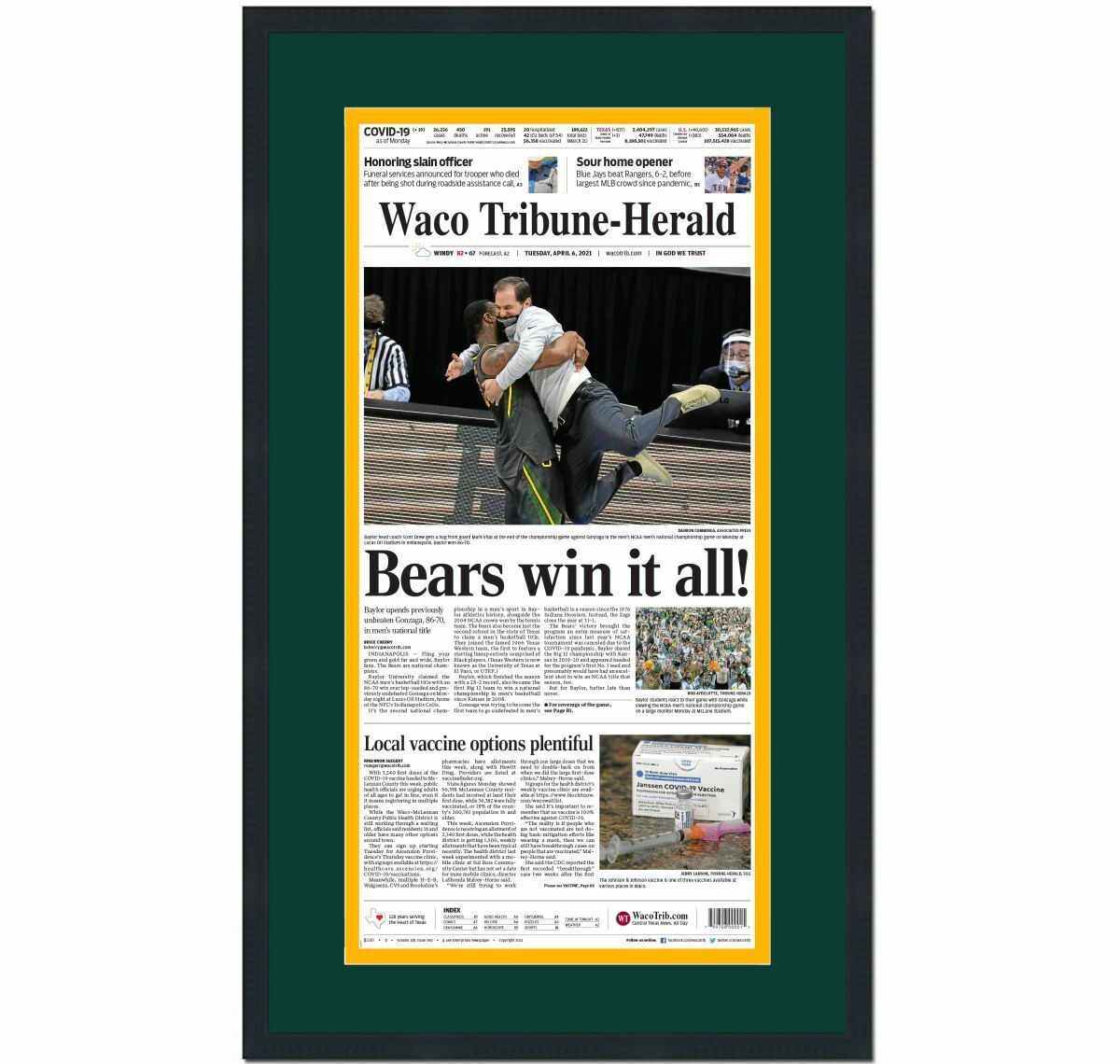 Framed Waco Tribune-Herald Baylor 2021 Champions Newspaper 17x27 Cover Photo Poster painting V1