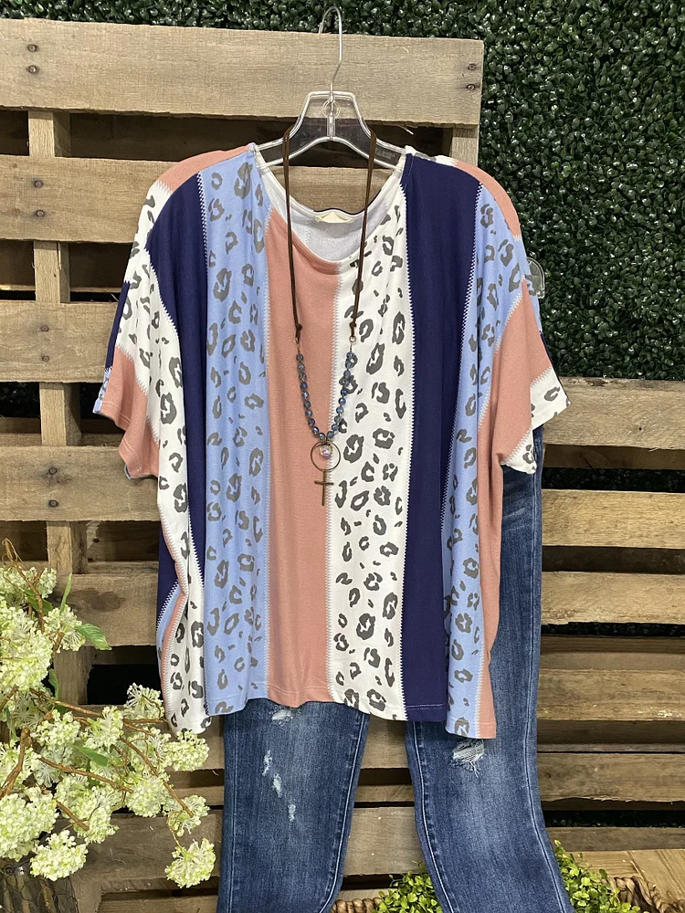 Vertical Color Block Animal Print  Short Sleeve-Mayoulove