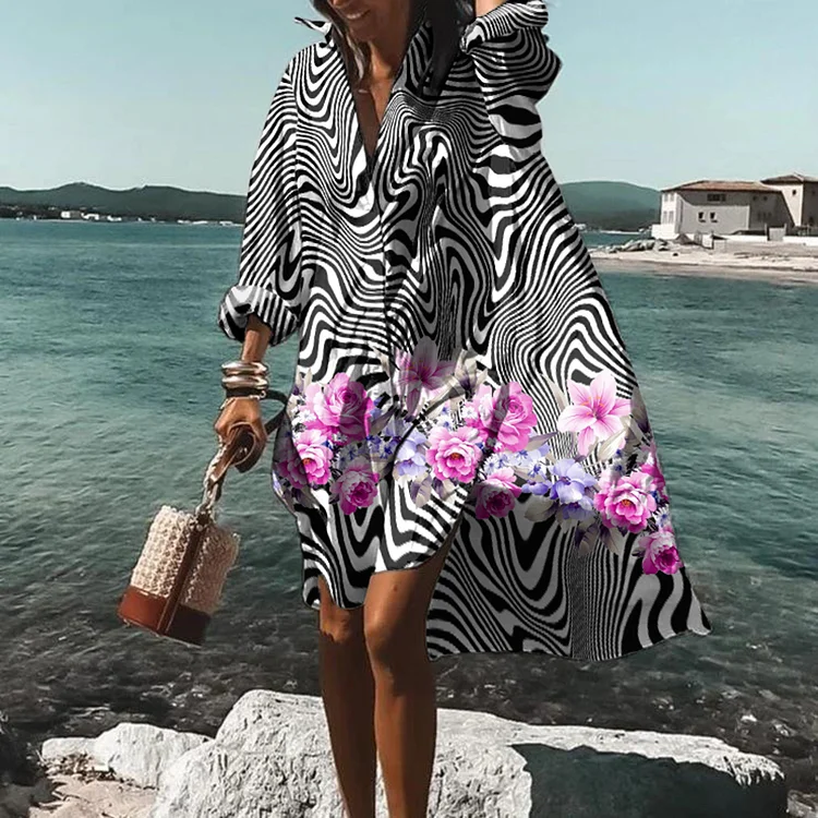 Wavy Floral Print Casual Midi Dress