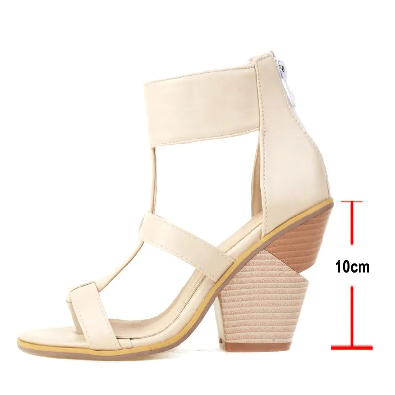 Meotina Women PU Leather Gladiator Shoes Super High Heel Sandals Peep Toe Zipper Thick Heel Ladies Sandals Summer White 34-46