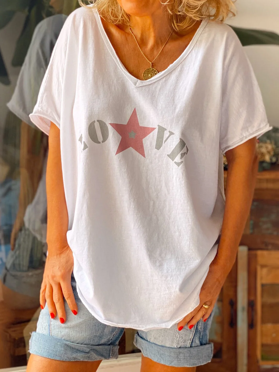 Women's Love And Star Print Short Sleeves Casual Hippie Tee