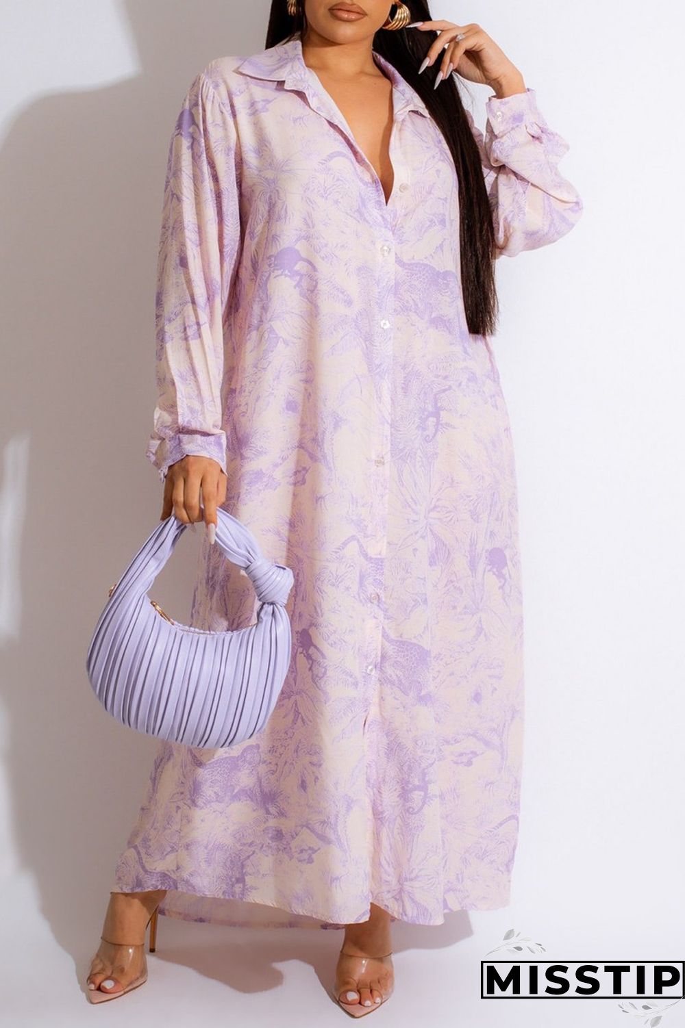 Orange Casual Print Patchwork Shirt Collar Long Sleeve Dresses