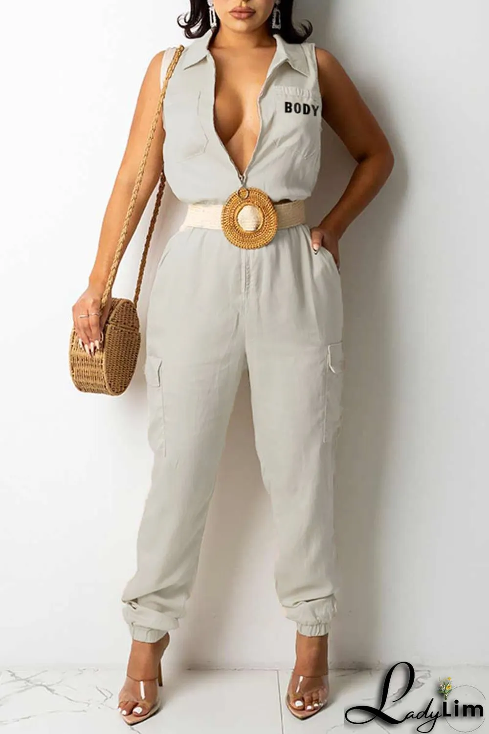 Blue Casual Print Patchwork Zipper Turndown Collar Straight Jumpsuits(Without Belt)