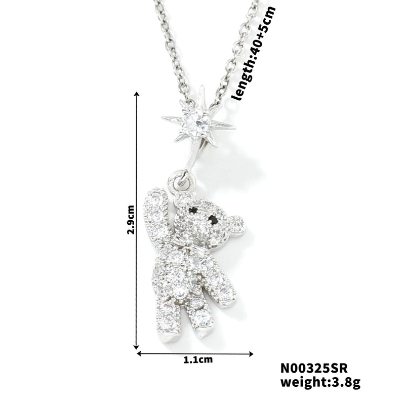 304 Stainless Steel Copper Rhodium Plated Inlay Bear Heart Shape Glass Zircon Pendant Necklace