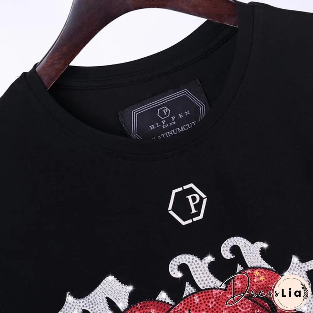 Philipp Plein Men Cotton Round Neck T-Shirt Casual PP Rhinestone Bear Top