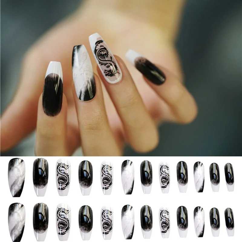 24pcs Removable Black White Blooming Mage Ballet Acrylic Fake Nails Marble Press On Nail Tips Full Cover Manicure Beauty Tools