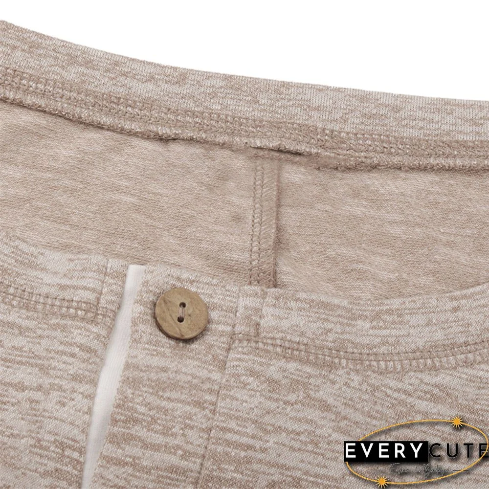 Khaki Button Neck Loose Style Plus Size Tops