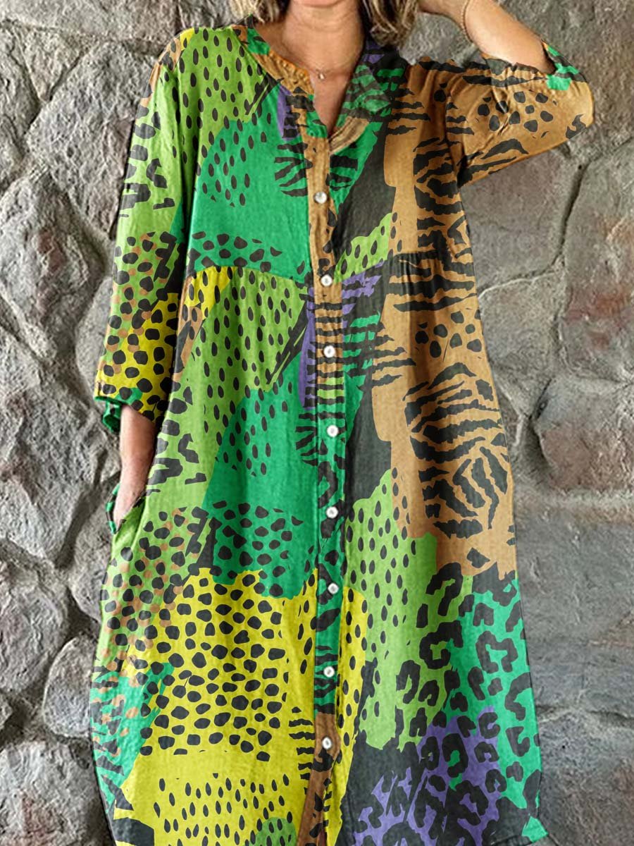 Women's Arty Leopard Print Cotton and Linen Shirt Dress