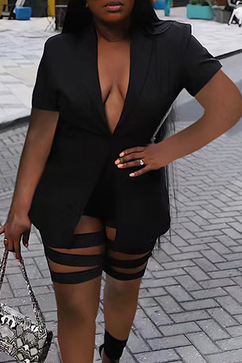 Black Sexy Solid Ripped Turndown Collar Short Sleeve Two Pieces