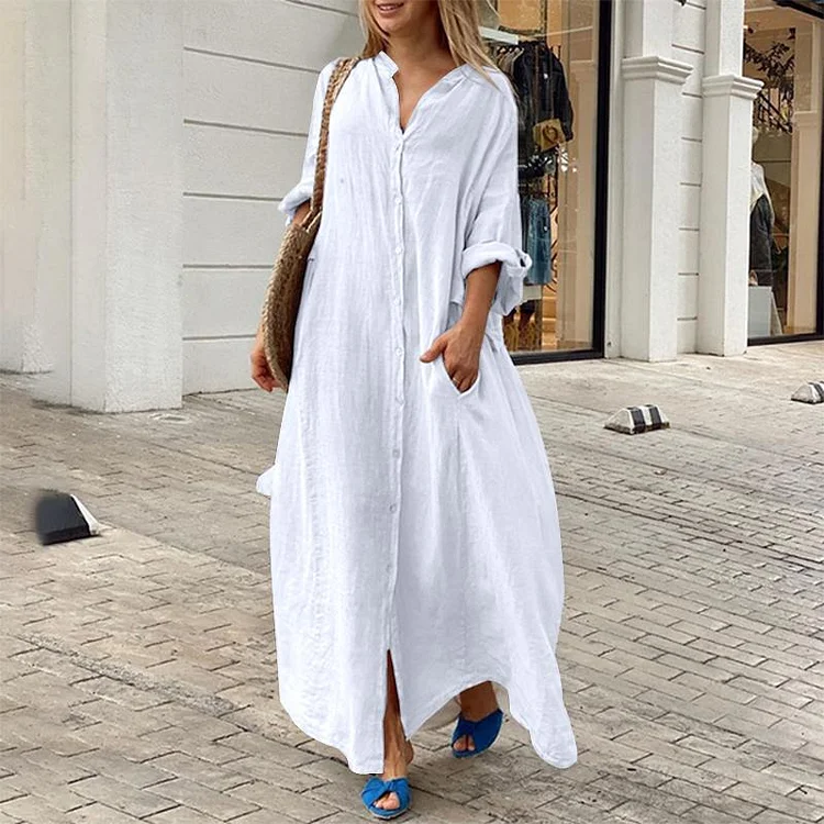 VChics Solid Color Comfortable Casual Loose Fitting Shirt Long Sleeved Maxi Dress
