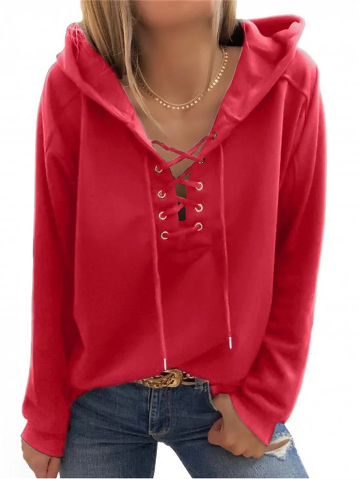 Women's Solid Color Long Sleeve V-neck Hooded Tops