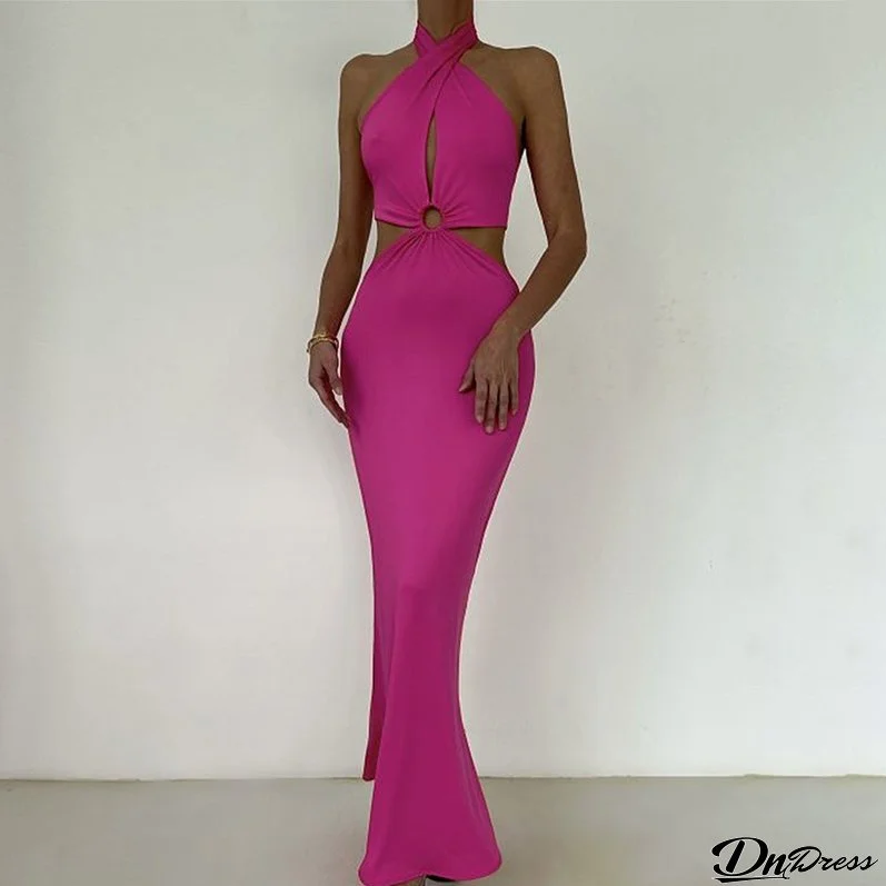 Summer Dress Sexy Fashion Patchwork Halter Neck Lace-Up Low Back Maxi Dress