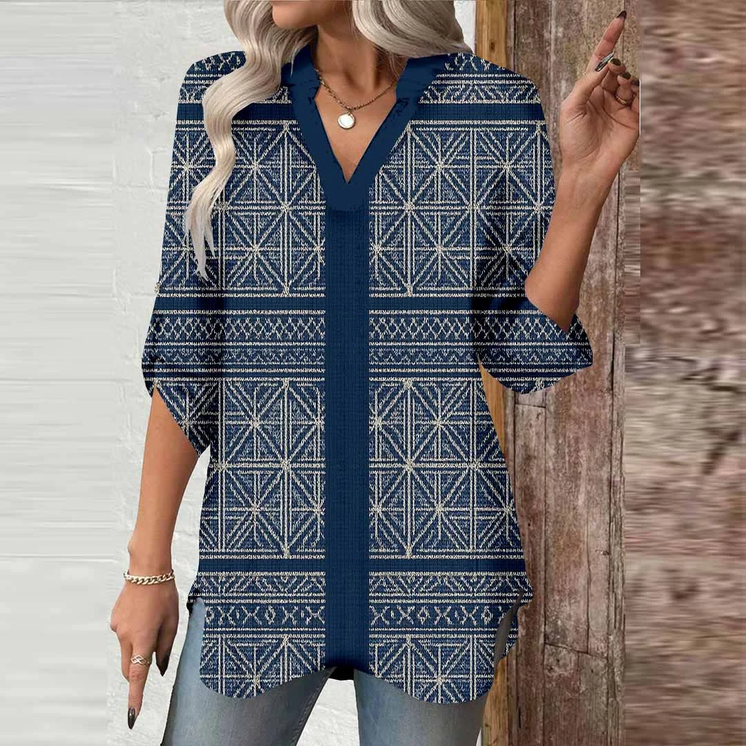 Women Geometric,  Blue DZGA0425 3/4 Sleeve V-neck Printed Graphic Button Tops