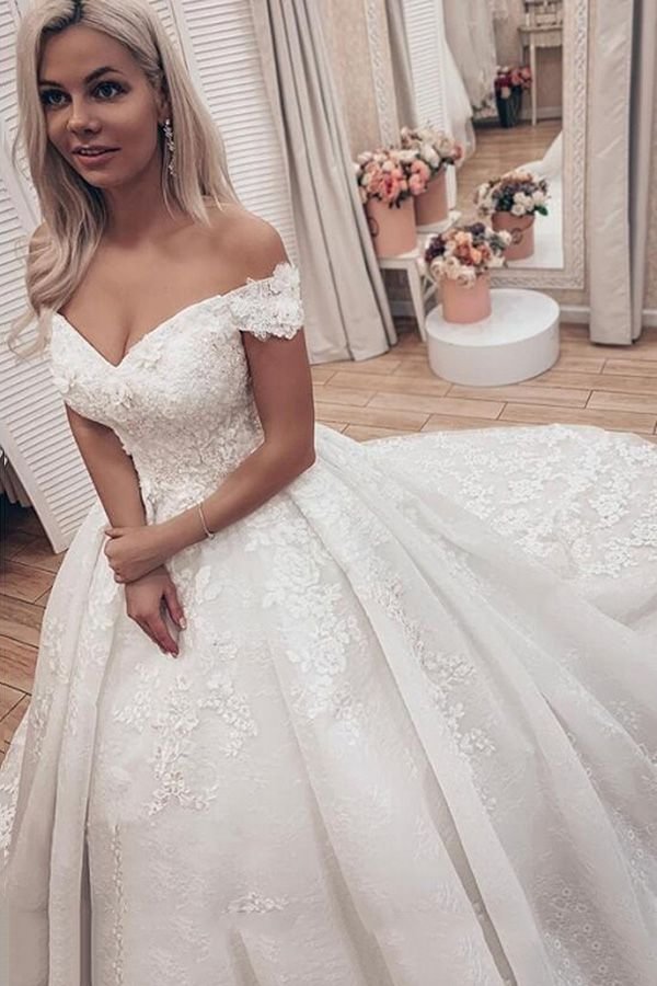 Classic Lace Off The Shoulder Wedding Dresses With A-Line | Ballbellas Ballbellas