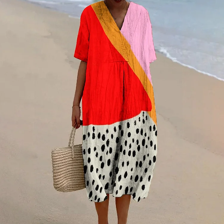 Women's Abstract Colorblock Print Flowy Linen Dress