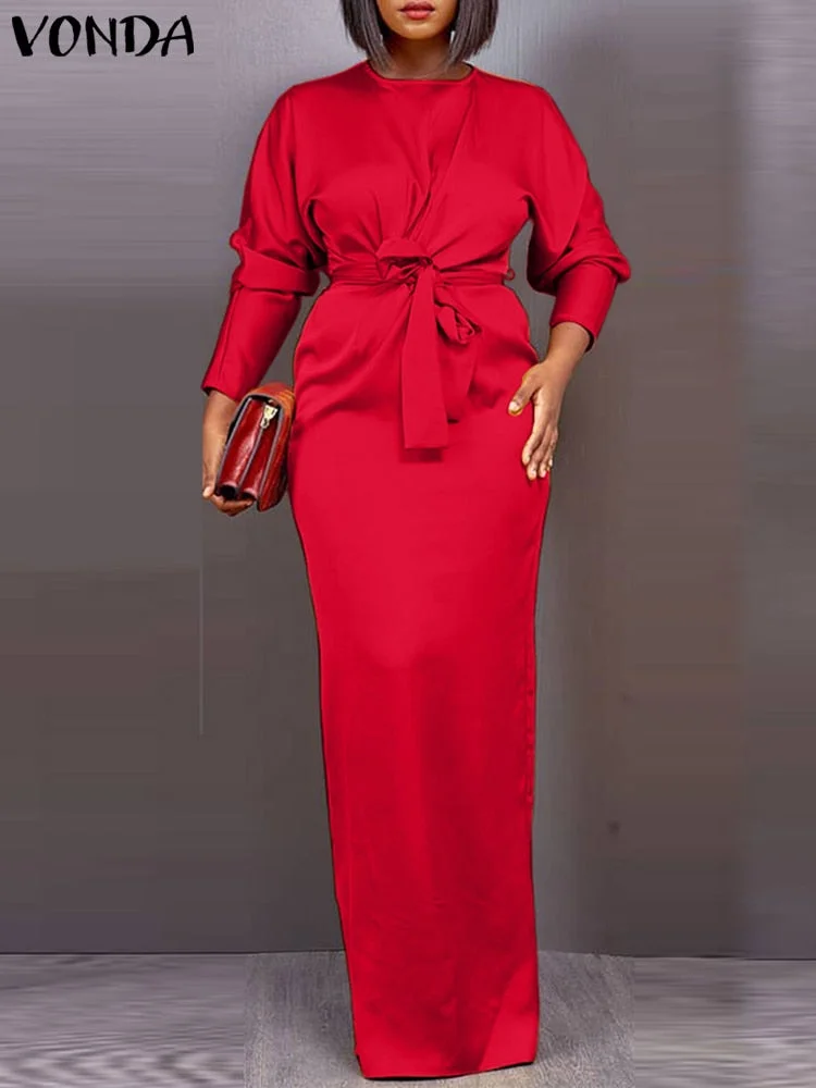 Satin Silk Dress Ladies Round Neck Long Sleeve Pleated Tunic Dresses VONDA Women Loose Solid Vestido Satin Robes Longue Oversize