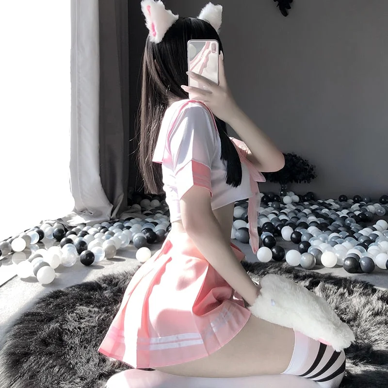 OJBK Sexy Pink School Girl Navy Sailor Costumes DDLG Miniskirt Velcro Outfit Women Cosplay Lingerie Student Uniform Fashion 0631