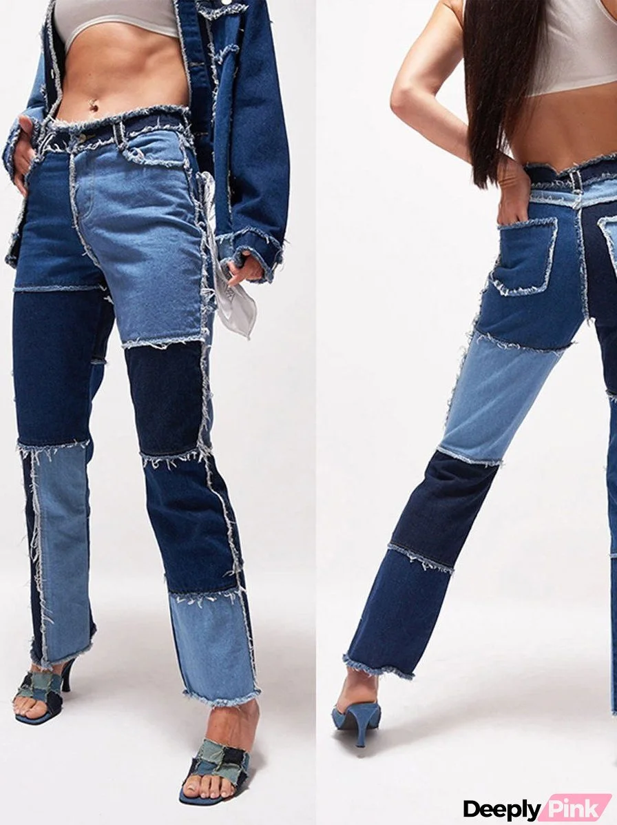 Trendy Variegated Stitching High-rise Straight-leg Jeans