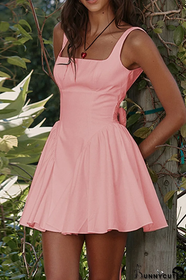 Pink Casual Solid Backless With Bow Square Collar Vest Dress Dresses