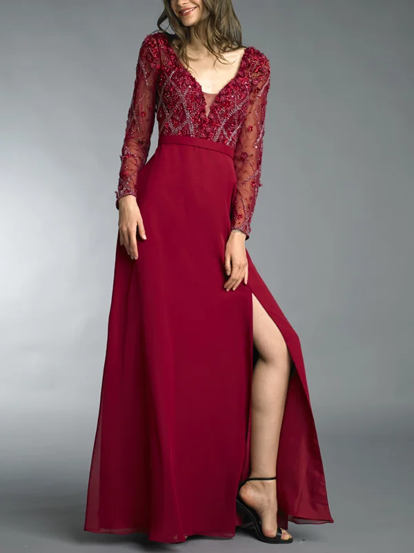 Sequined Mesh Long Sleeve Solid Color Maxi Dress