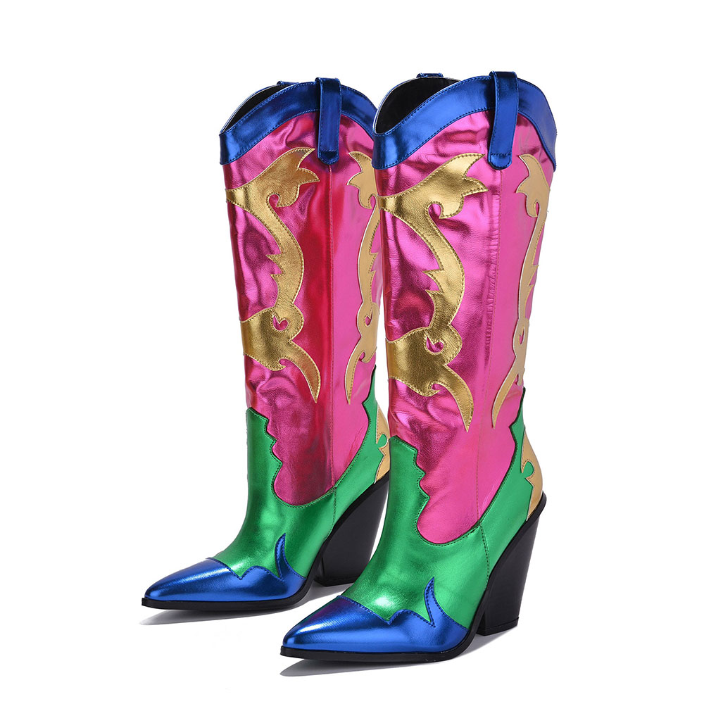 Multicolor Metallic Finish Pointed Toe Patchwork Cowgirl Boots Nicepairs
