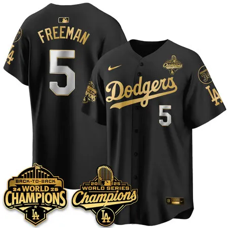 Men's Los Angeles Dodgers #5 Freddie Freeman Black 2025 World Series Champions Jersey