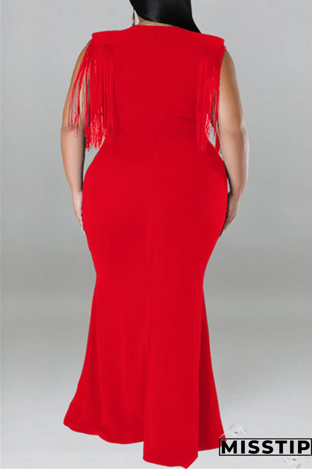 Blue Casual Plus Size Solid Tassel Patchwork V Neck Long Dress