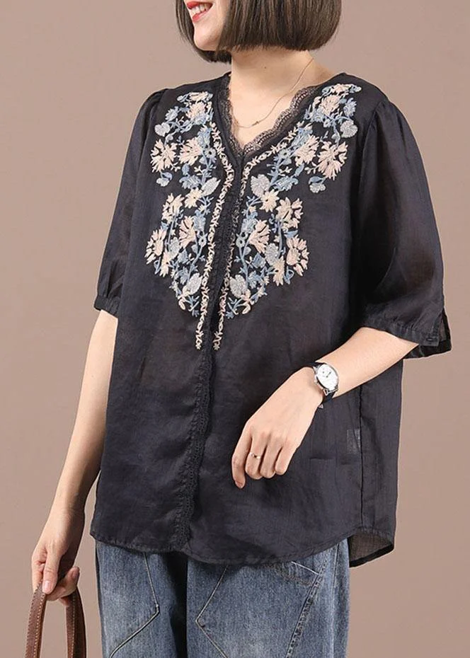 Art Black V Neck Casual Embroidered Summer Silk Blouse Half Sleeve
