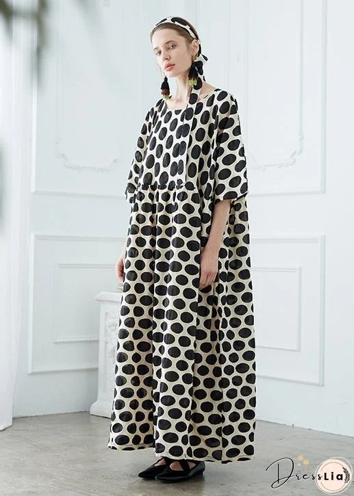 Stylish Black O Neck Dot Patchwork Cotton Robe Dresses Summer