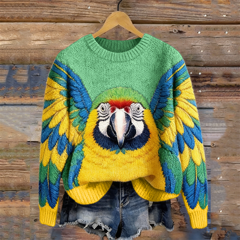 Macaw Parrot & Wings Contrast Cozy Knit Sweater wearshes