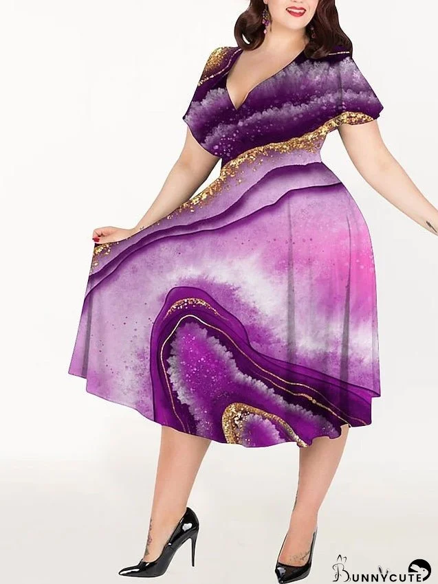 Plus Size Casual Dress A Line Dress Marbling Midi Dress Short Sleeve Print V Neck Elegant Party Multicolor Black Summer Spring L XL XXL 3XL 4XL for Women