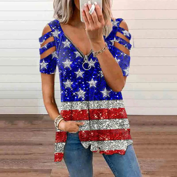 Comstylish 4th of July USA Independence Day Flag V-Neck Off-The-Shoulder T-Shirt
