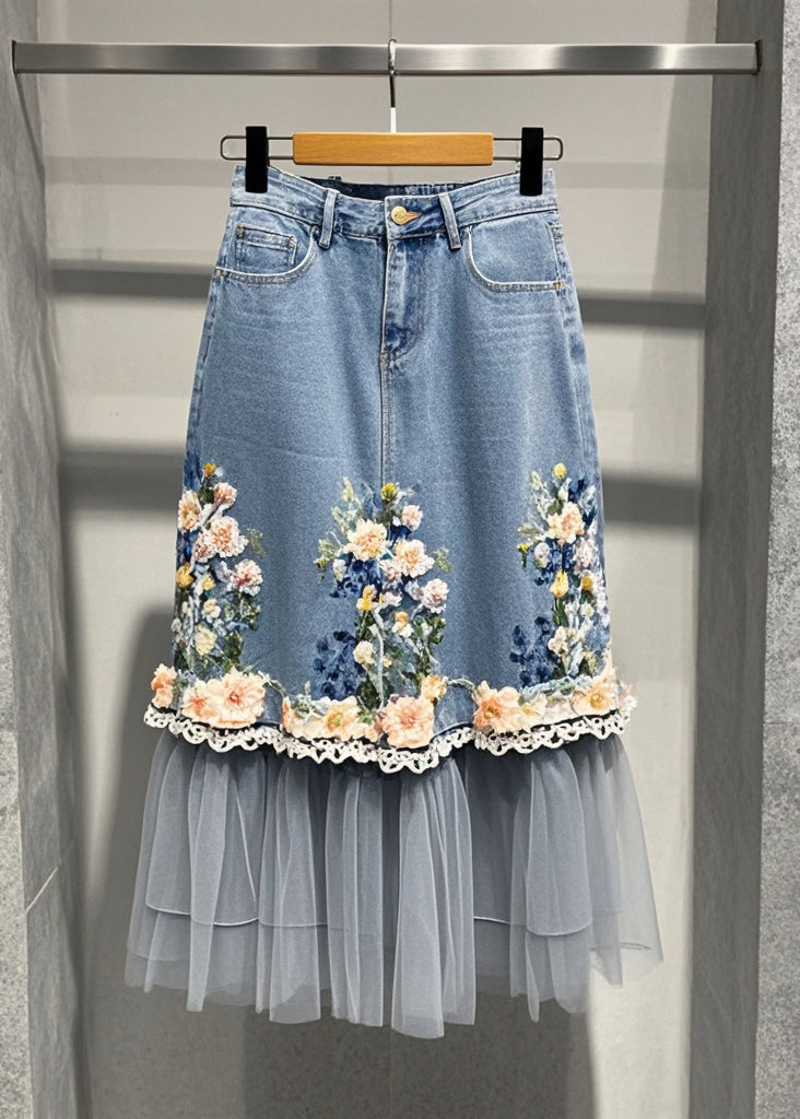 VCSHOES Blue Flower Patchwork Tulle Denim Skirts Fall