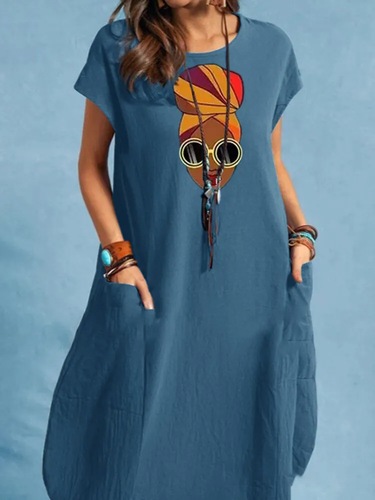 Portrait Print Pocket Short Sleeve Crew Neck Vintage Dress