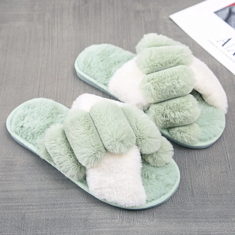 Winter Women Slippers Faux Fur Warm Shoes Women Slip on Flats Female Floor Slides home furry slippers Indoor House Flip Flops