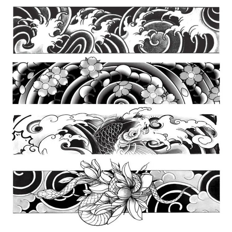 4 Sheets Wave Snake Fish Black Semi-permanent Tattoos for Neck Wrist Arm
