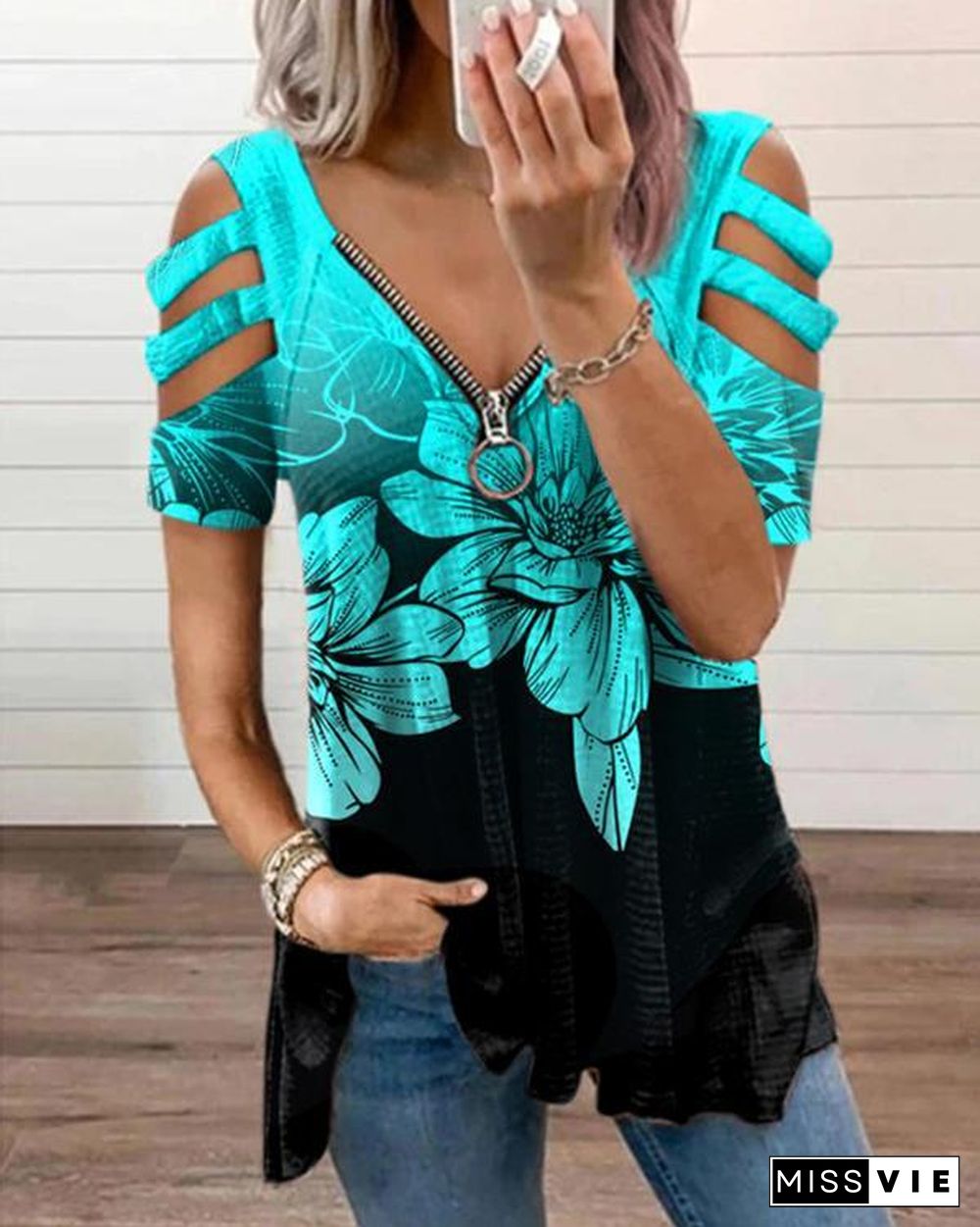 Low-Cut Zipper Print Off Shoulder Tops