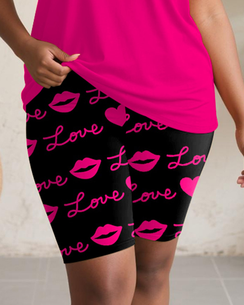 Women's Plus Size Daily Casual Rose Red Letter Lip Print Pocket Vest Shorts Suit