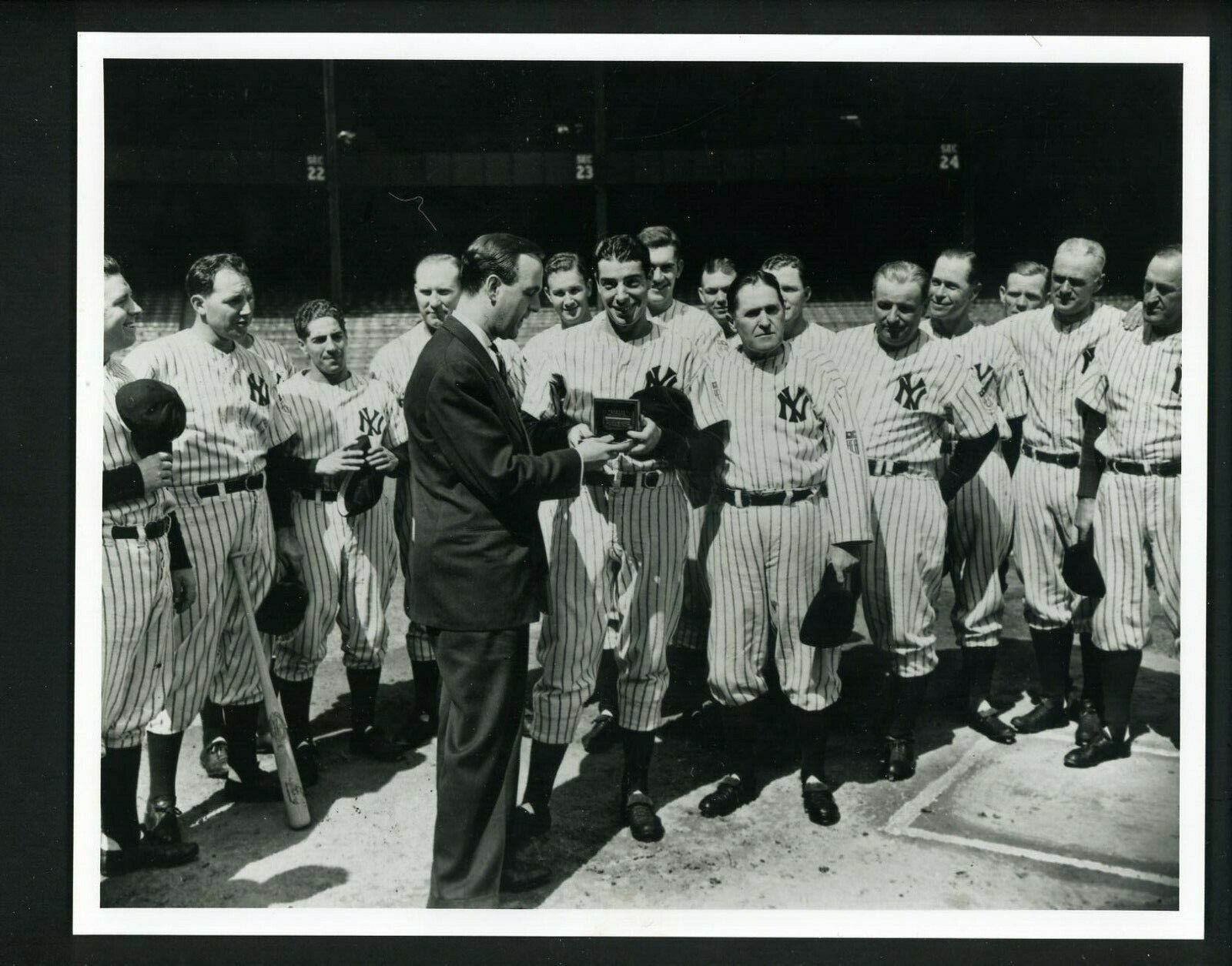 Joe DiMaggio receives award 1940's Type IV Press Photo Poster painting Yankees Phil Rizzuto